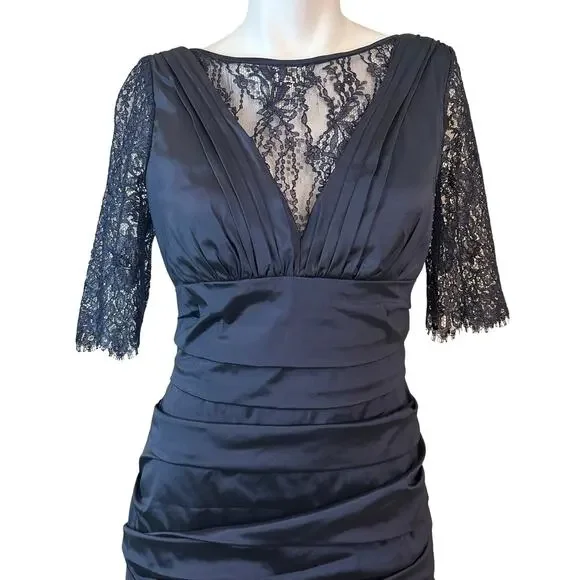Theia Lace Sleeve Ruched Evening Dress 881865 Midnight Blue Mermaid Gown $748 8 - Picture 4 of 15